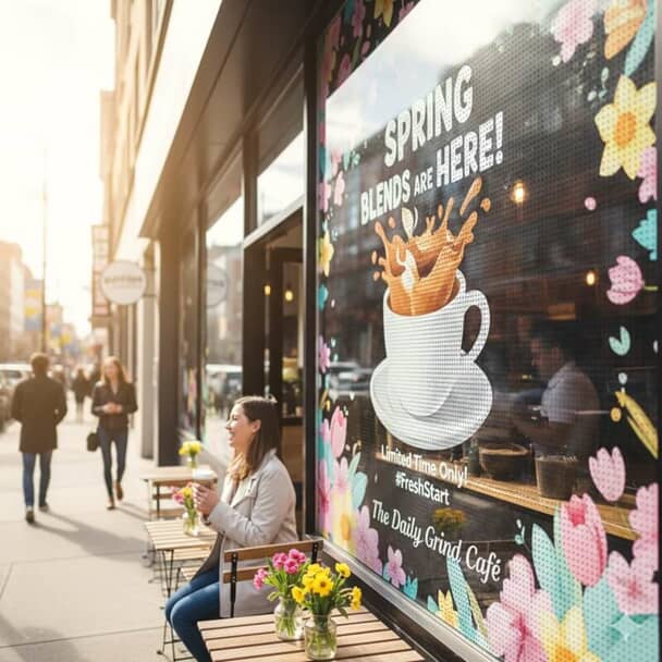 An AI generated image of window signage for a coffee shop that says, "Spring Blends Are Here."